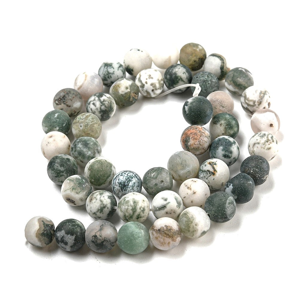 Green/White Tree Agate Beads Plain Round 8mm Frosted Strand Of 42+