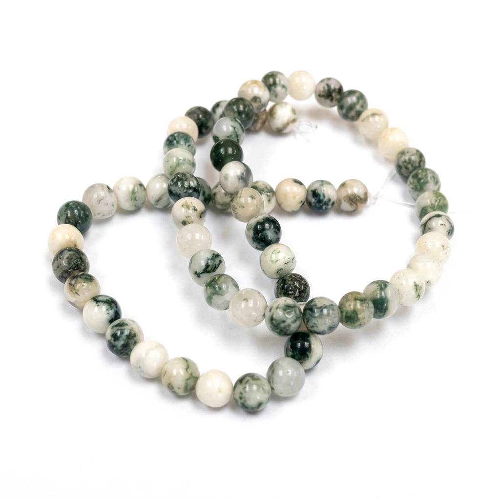 Green/White Tree Agate Beads Plain Round 6mm Strand Of 57+