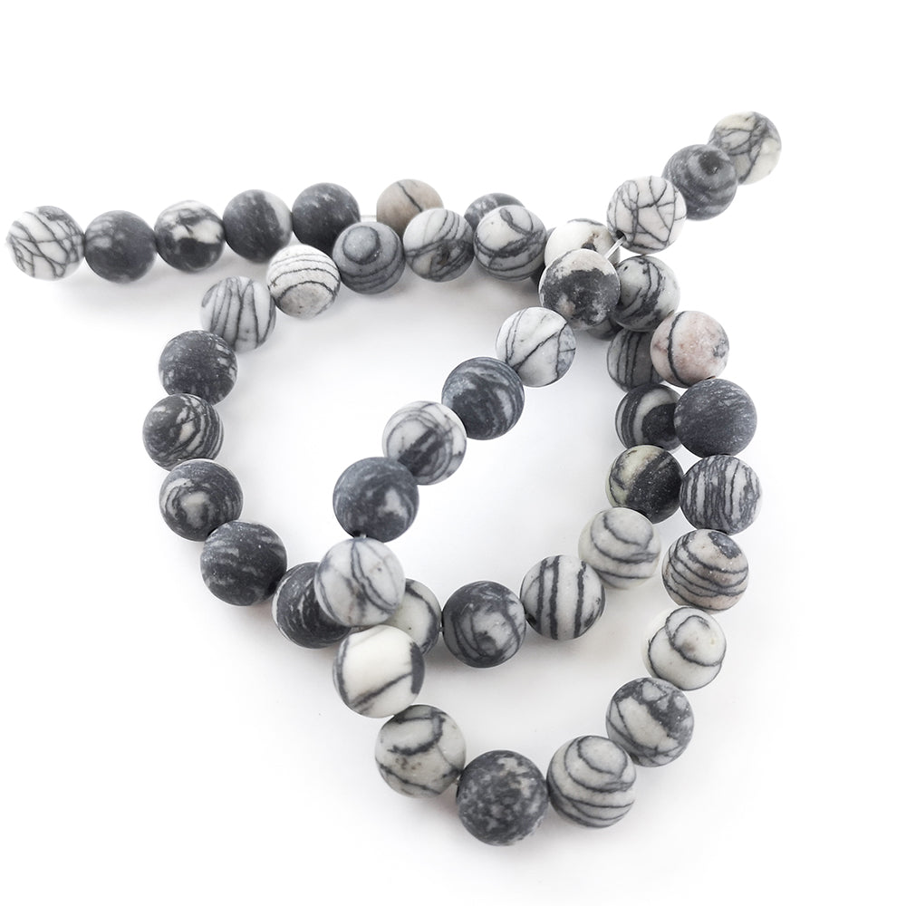Grey/Black Veined Jasper Beads Plain Round 8mm Frosted Strand Of 40+