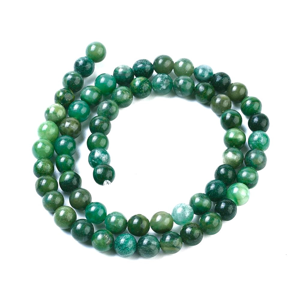 A strand of 60+ african jade beads, green in colour, 6mm in size, round shaped