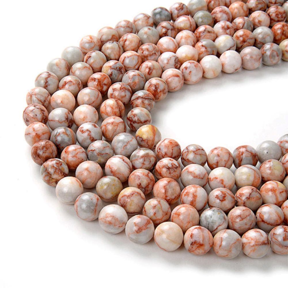 White/Red Marble Beads Plain Round 6mm Strand Of 60+