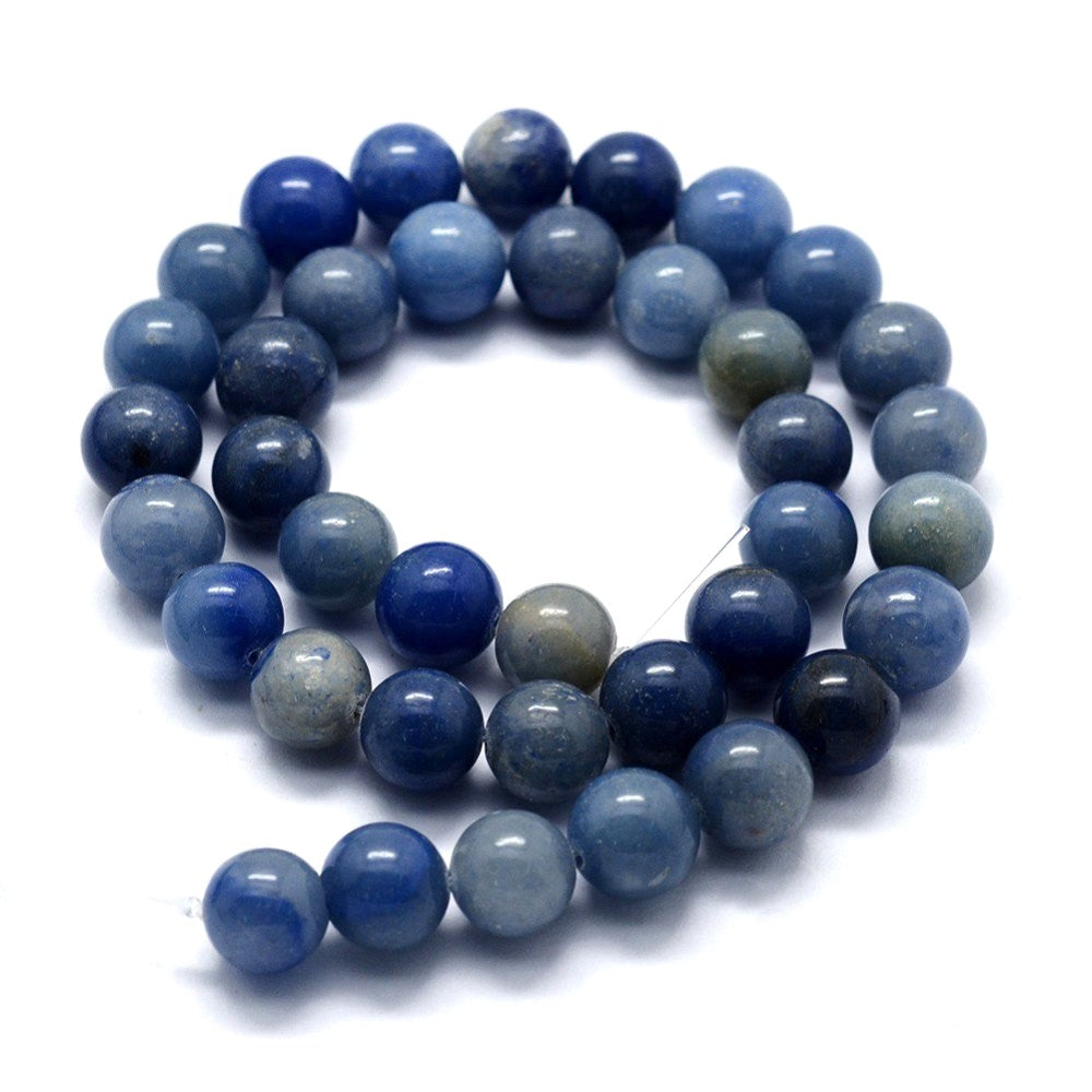 A strand of 40+ aventurine beads, blue in colour, 8mm in size, round shaped