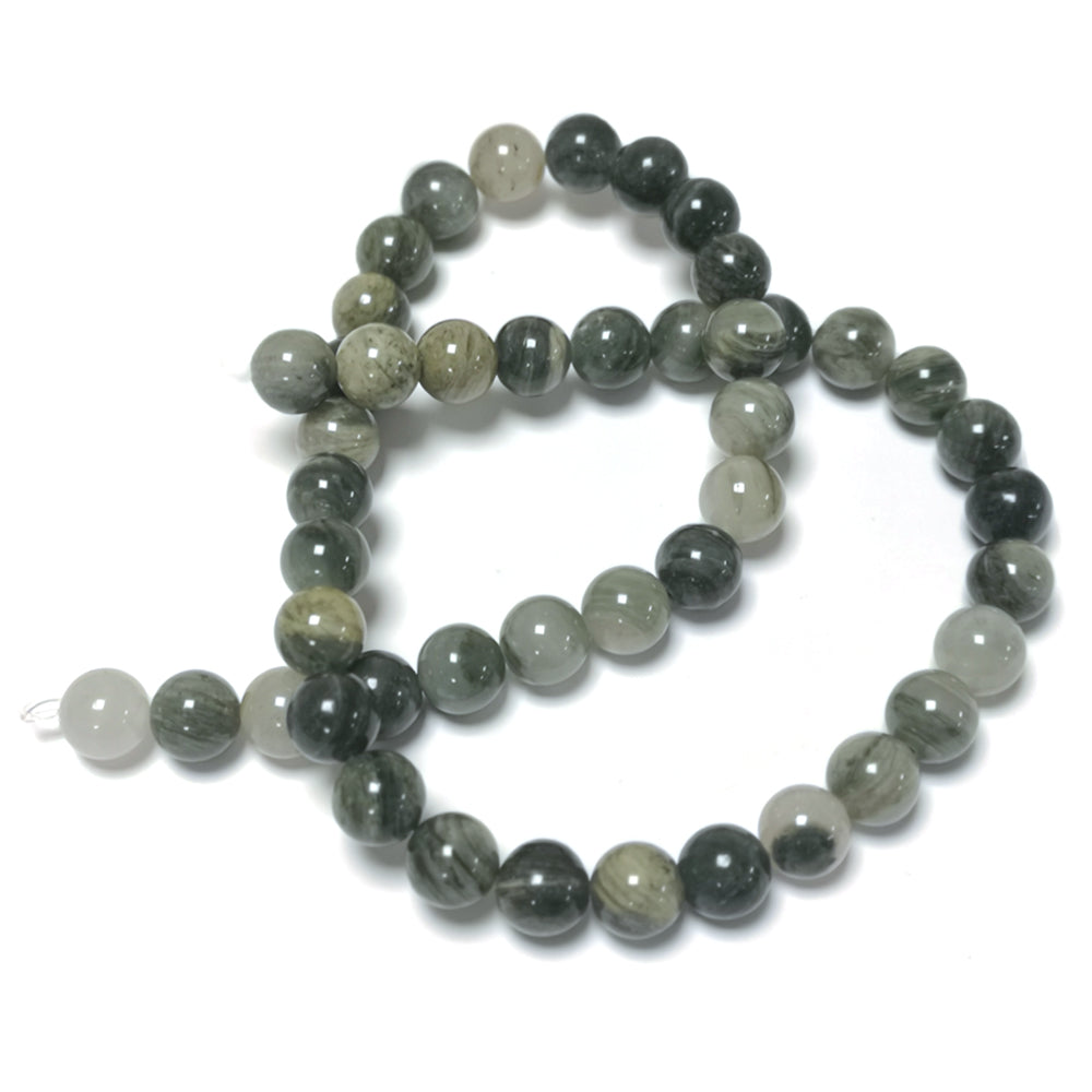 A strand of 43+ line quartz beads, green in colour, 8mm in size, round shaped