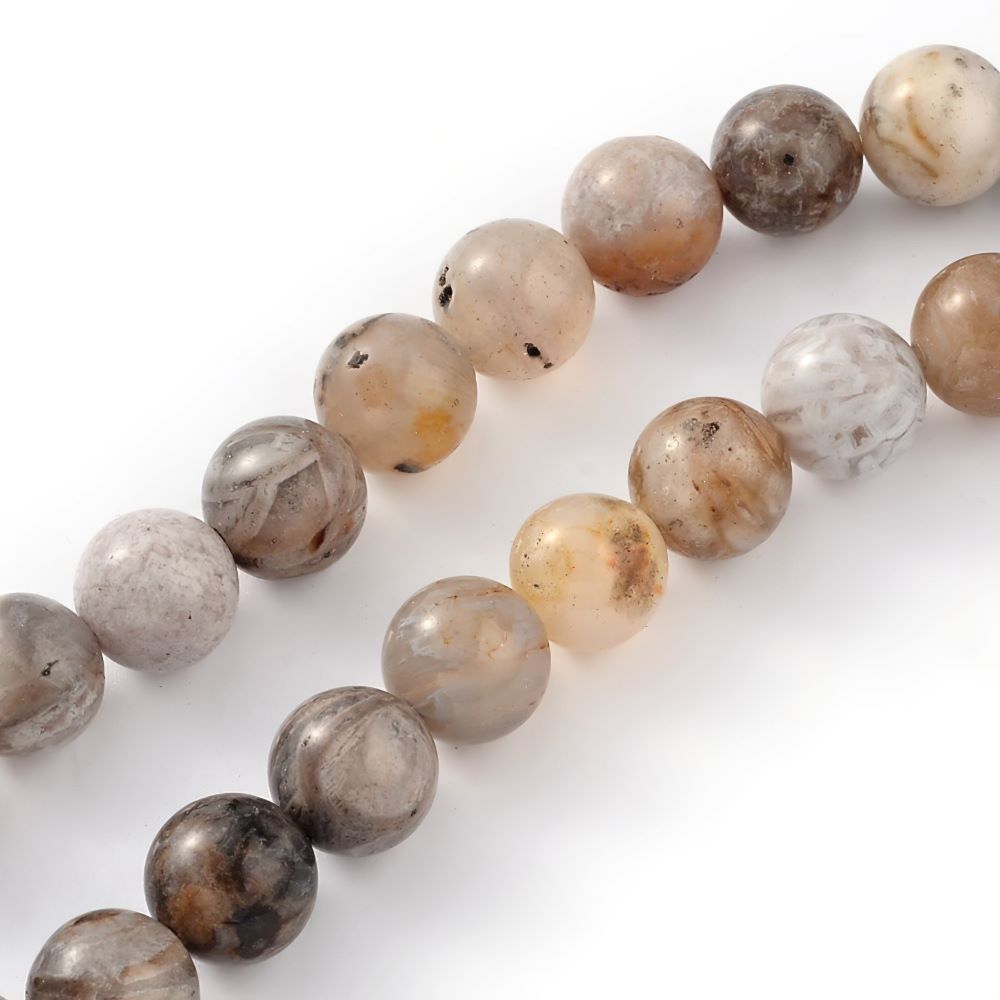 A strand of 60+ bamboo leaf jasper beads, grey and mixed colours, 6mm in size, round shaped
