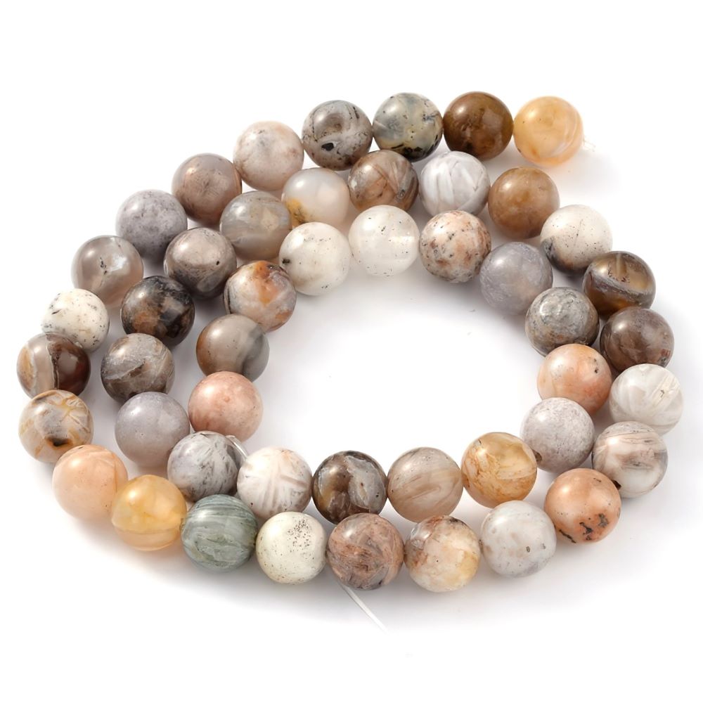 A strand of 40+ bamboo leaf jasper beads, grey and mixed colours, 8mm in size, round shaped
