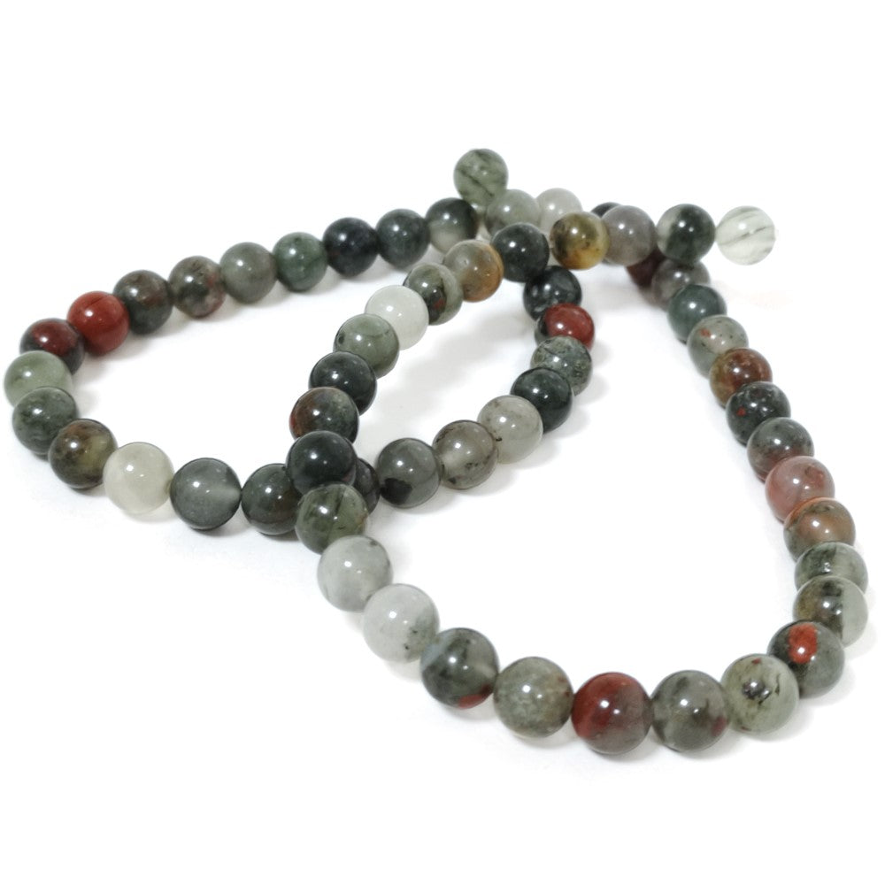 A strand of 59+ bloodstone beads, green and red in colour, 6mm in size, round shaped