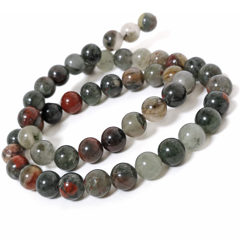 A strand of 42+ bloodstone beads, green and red in colour, 8mm in size, round shaped