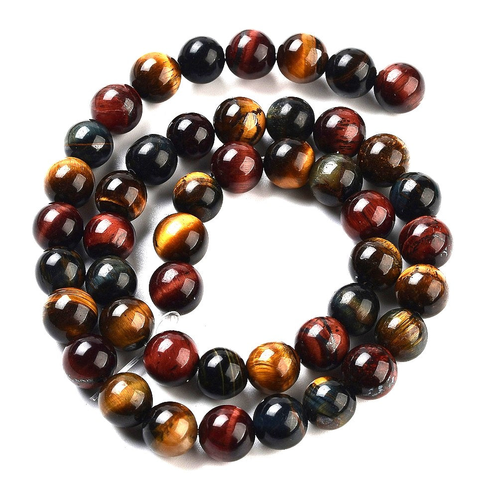 A strand of 44+ tiger eye beads, mixed colours in colour, 8mm in size, round shaped