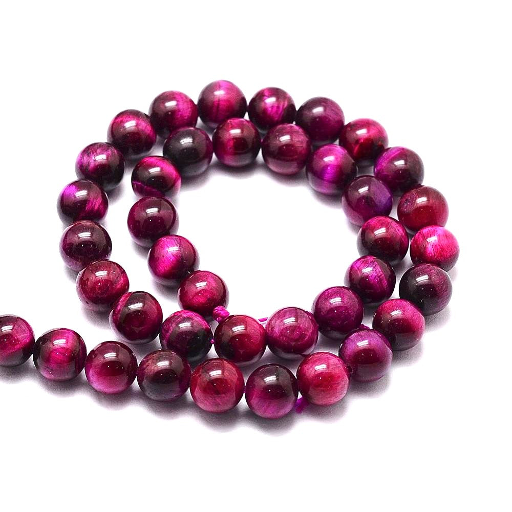 A strand of 45+ tiger eye beads, pink and black in colour, 8mm in size, round shaped