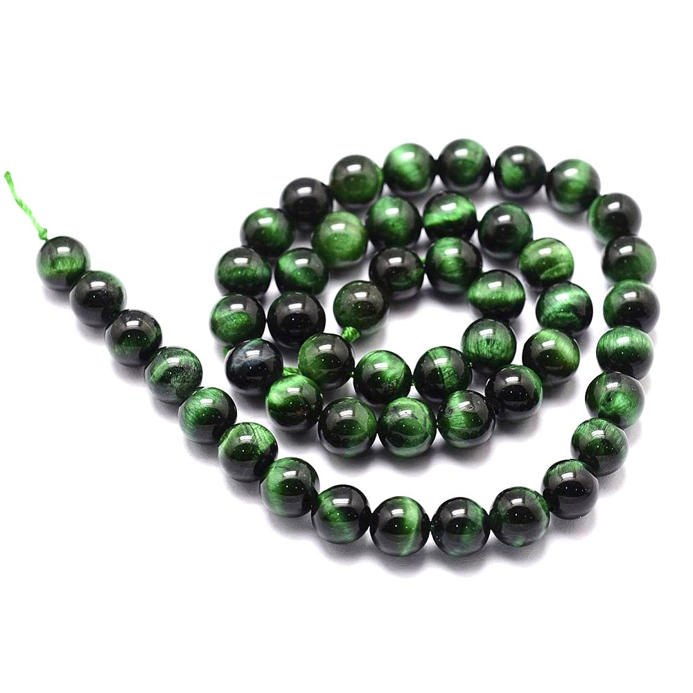 A strand of 44+ tiger eye beads, green and black in colour, 8mm in size, round shaped