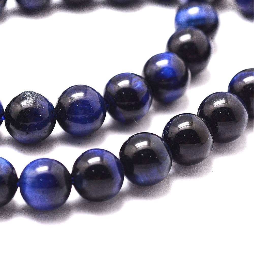 A strand of 60+ tiger eye beads, blue and black in colour, 6mm in size, round shaped
