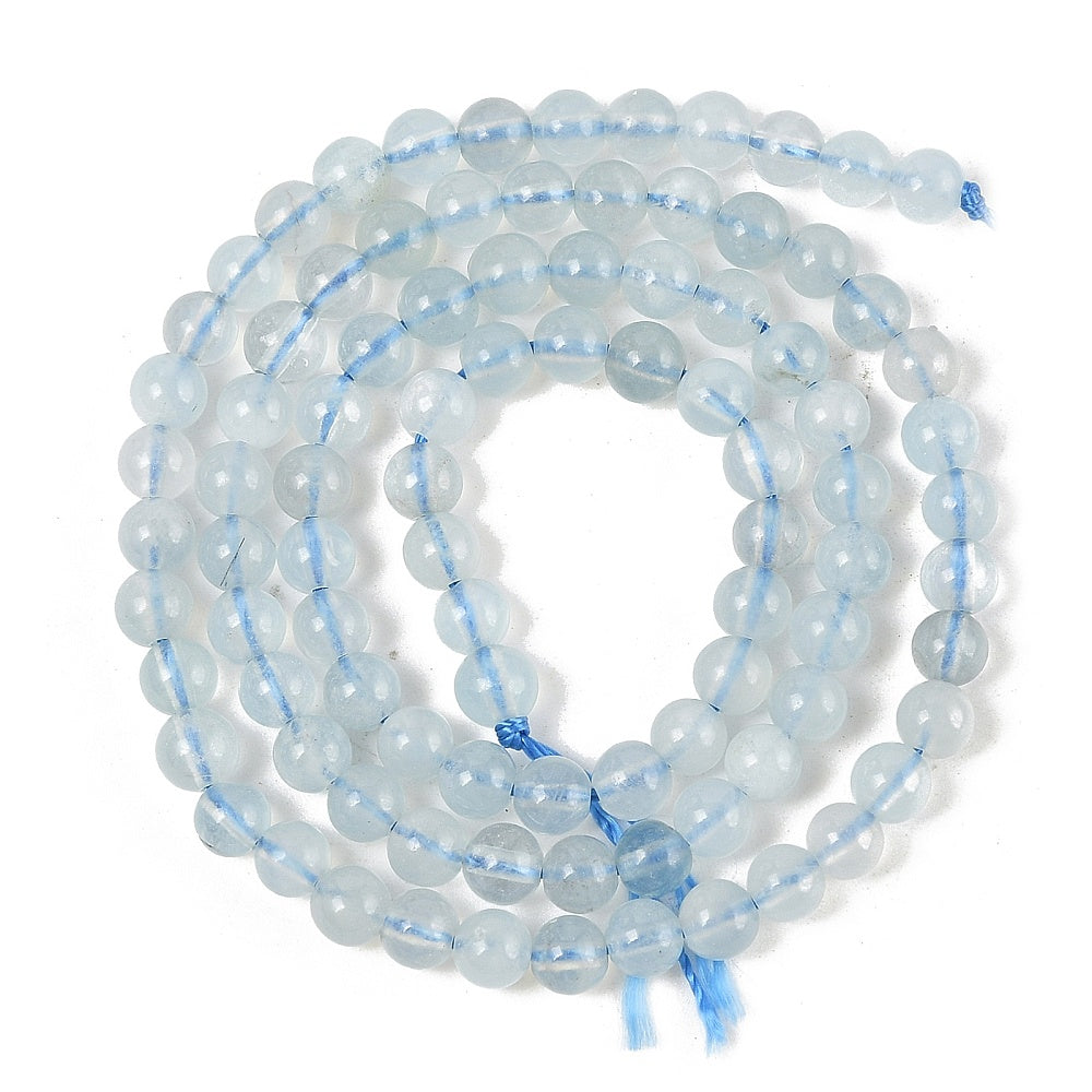 A strand of 85+ aquamarine beads, blue in colour, 4mm in size, round shaped