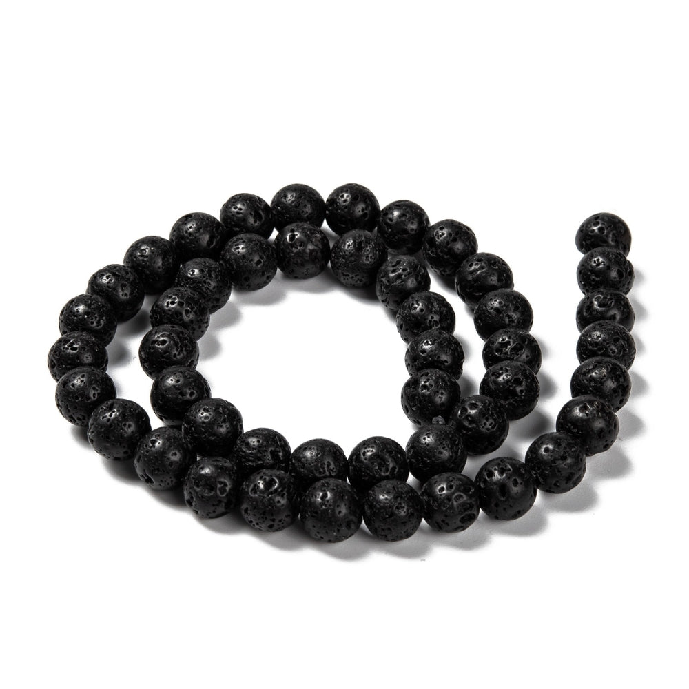 A strand of 45+ lava rock beads, black in colour, 8mm in size, round shaped