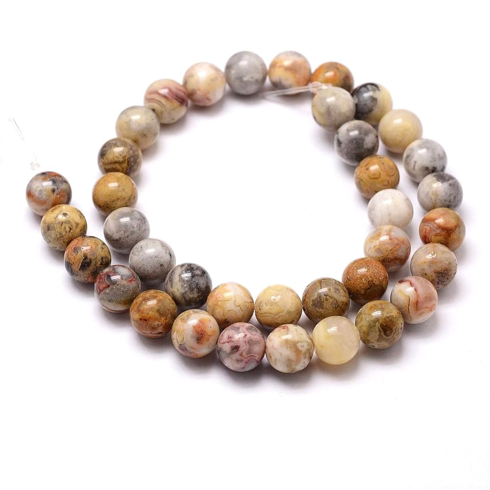 A strand of 45+ crazy lace agate beads, beige and grey in colour, 8mm in size, round shaped