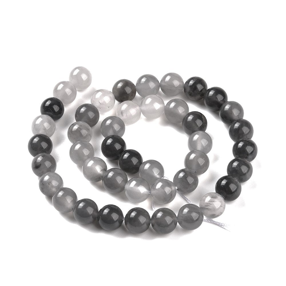 A strand of 43+ cloud quartz beads, silvery grey, 8mm in size, round shaped