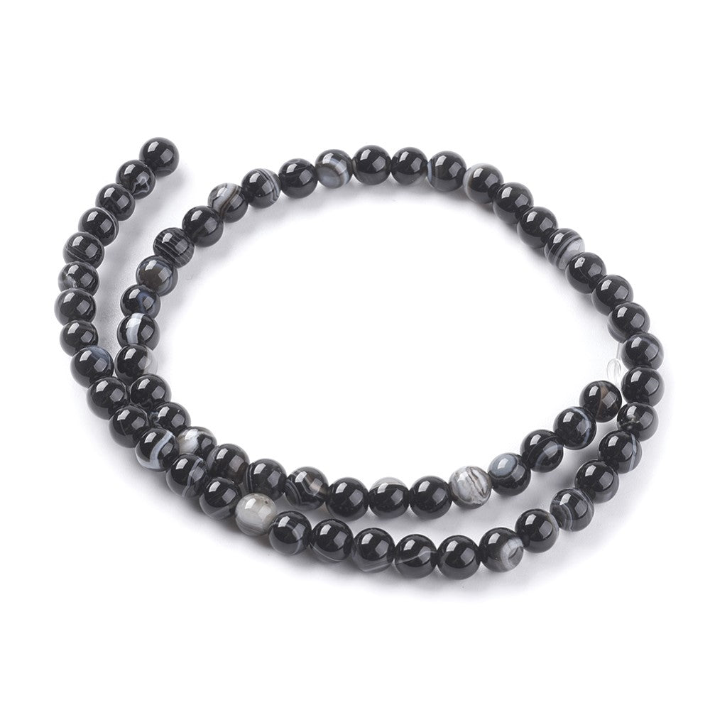 Black/Grey Banded Agate Beads Plain Round 6mm Strand Of 59+