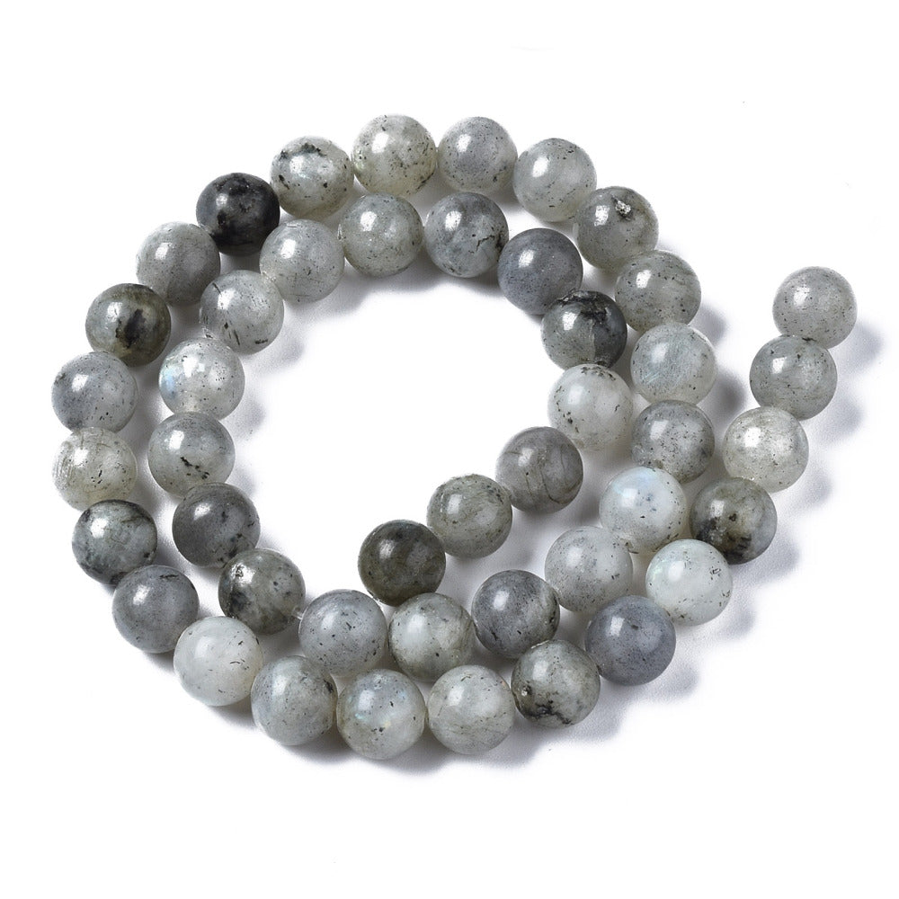 A strand of 44+ labradorite beads, grey in colour, 8mm in size, round shaped