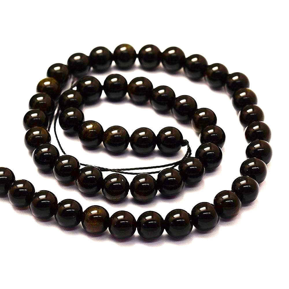 A strand of 44+ rainbow obsidian beads, black and dark green in colour, 8mm in size, round shaped