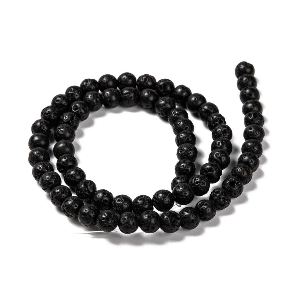 A strand of 66+ lava rock beads, black and brown in colour, 6mm in size, round shaped