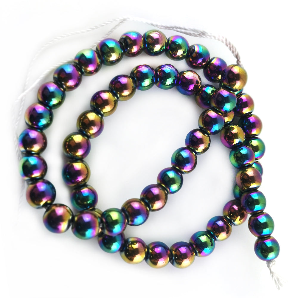 A strand of 45+ hematite beads, rainbow coloured, 8mm in size, round shaped, non-magnetic