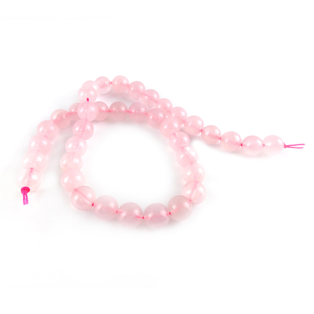 A strand of 38+ rose quartz beads, pink in colour, 10mm in size, round shaped