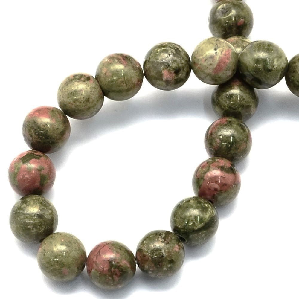 A strand of 80+ unakite beads, green and orange in colour, 4mm in size, round shaped