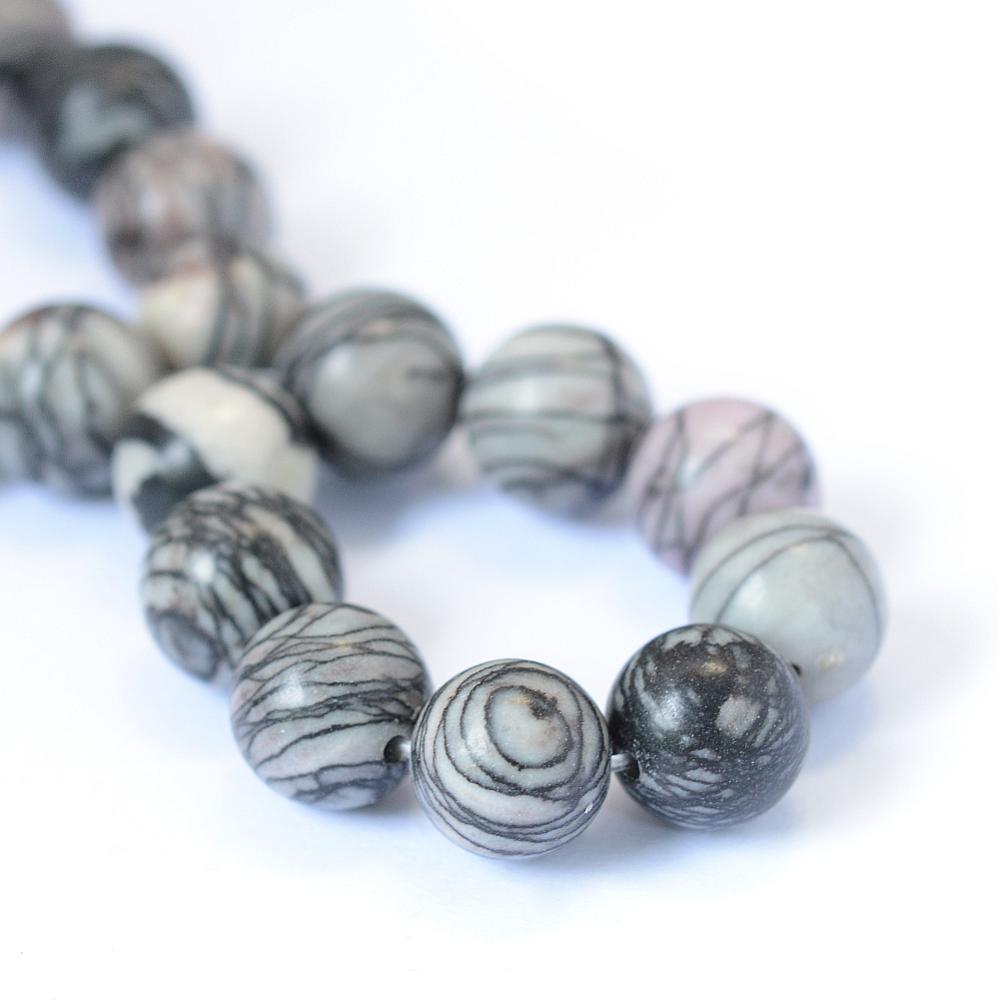 Grey/Black Veined Jasper Beads Plain Round 6mm Strand Of 60+