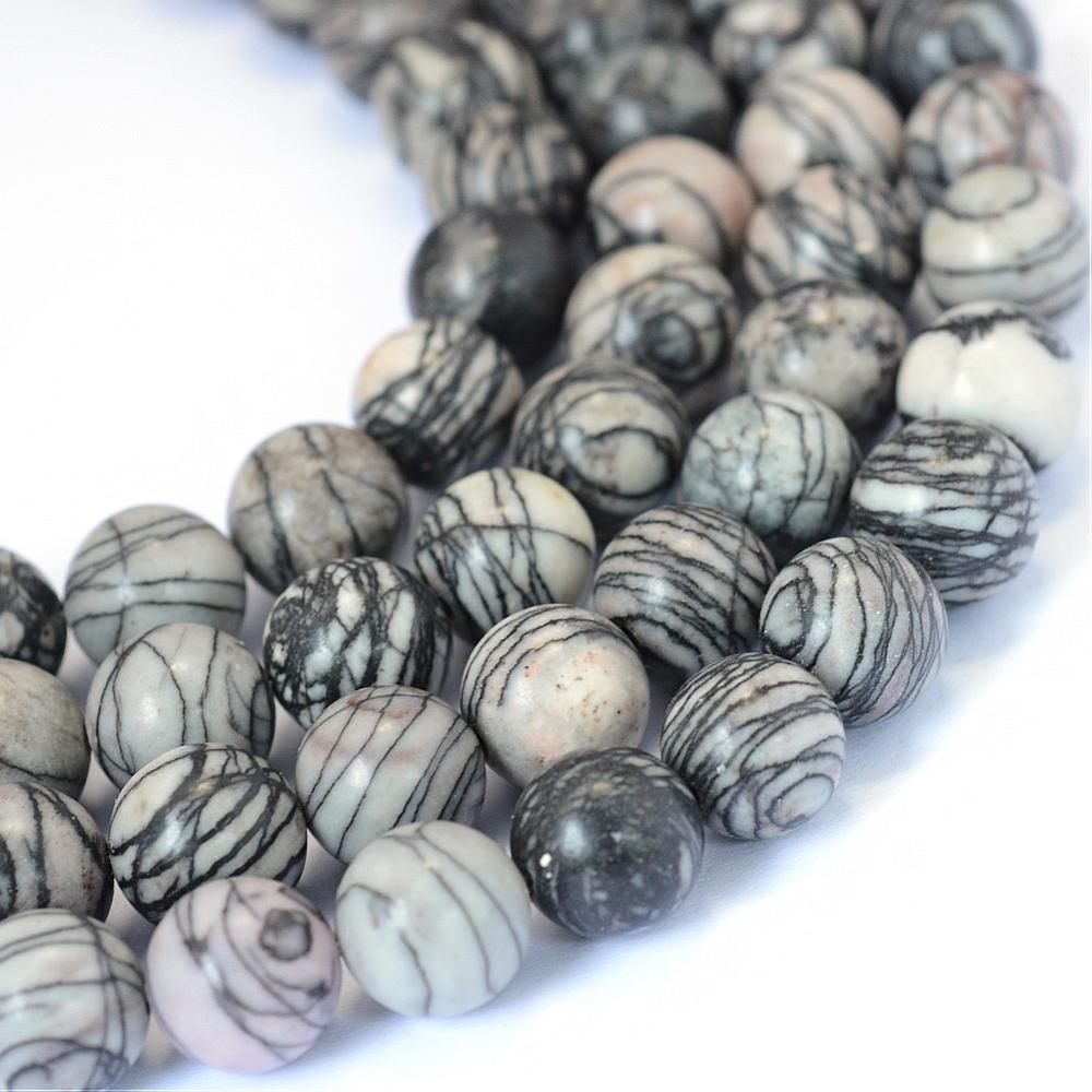 A strand of 45+ veined jasper beads, grey and black in colour, 8mm in size, round shaped