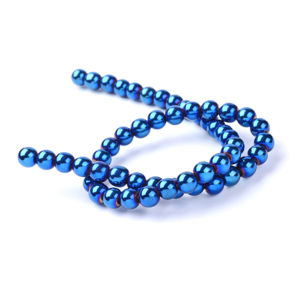 A strand of 45+ hematite beads, blue and purple in colour, 8mm in size, round shaped, non-magnetic