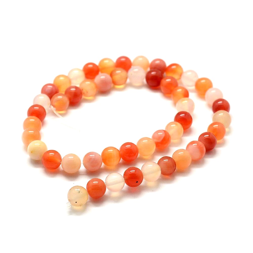 A strand of 45+ carnelian beads, orange and white in colour, 8mm in size, round shaped