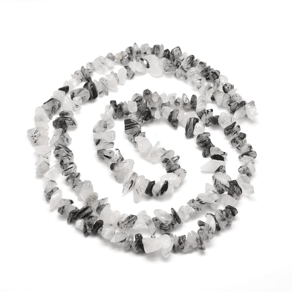 A strand of 240+ rutilated quartz beads, grey and black in colour, 5-8mm in size, chip shaped