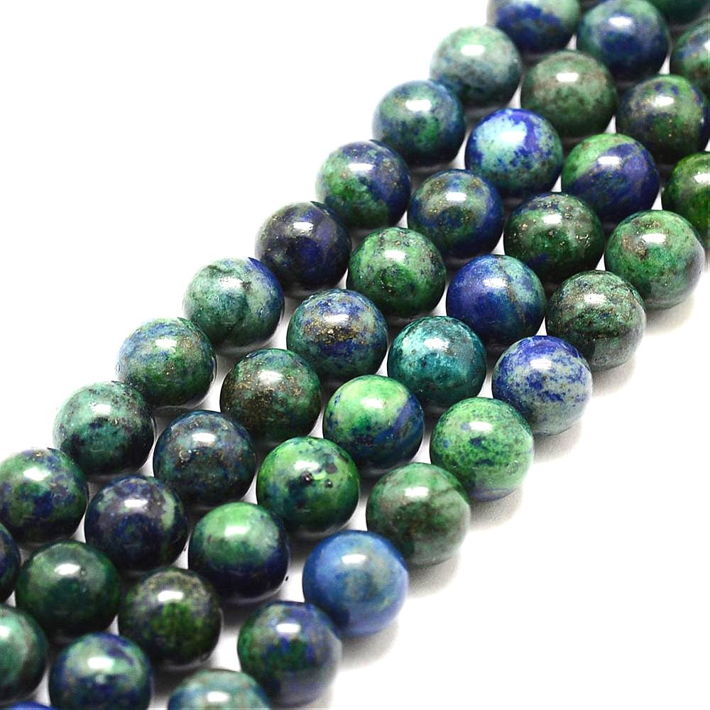 A strand of 57+ Chrysocolla beads, blue and green in colour, 6mm in size, round shaped
