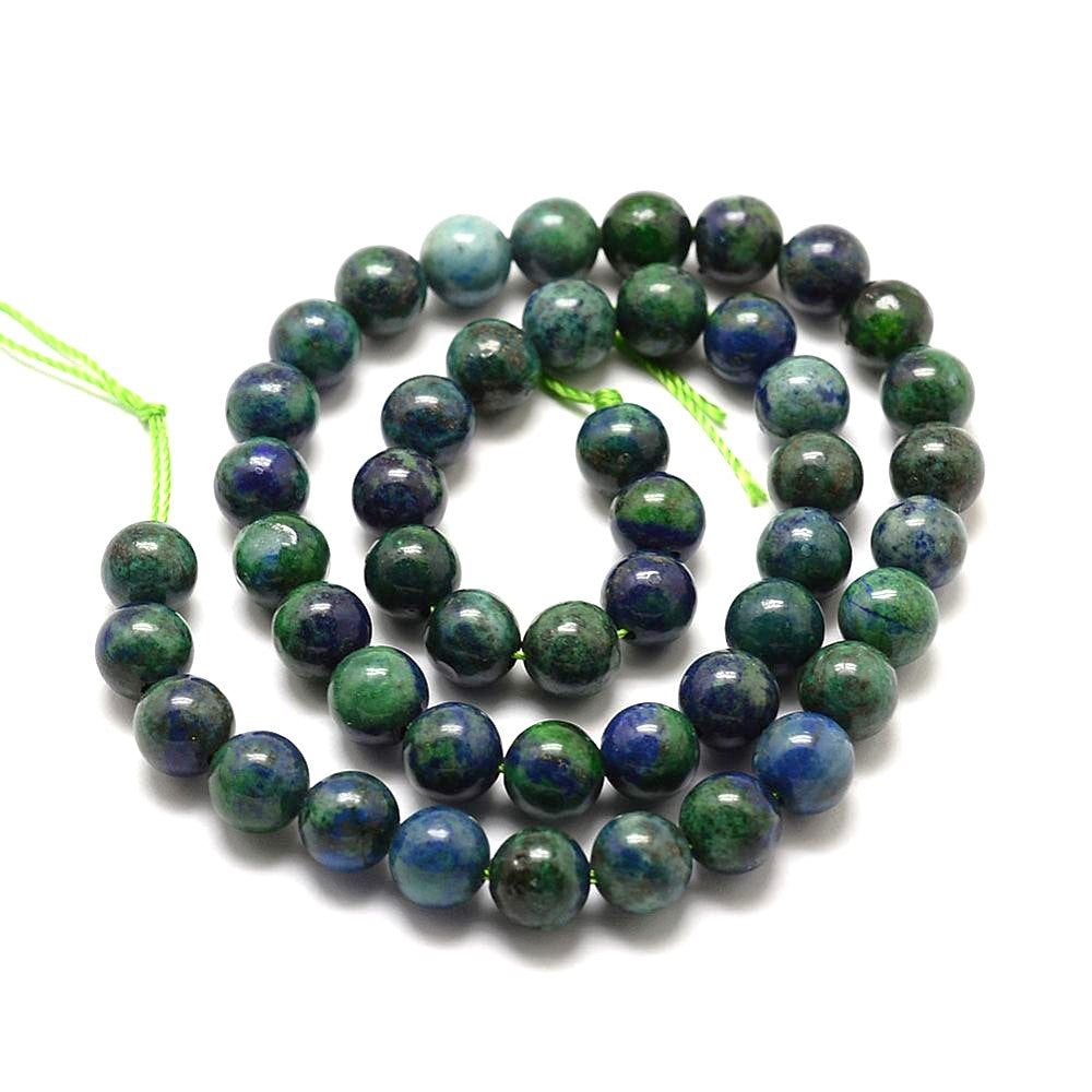 A strand of 42+ Chrysocolla beads, blue and green in colour, 8mm in size, round shaped