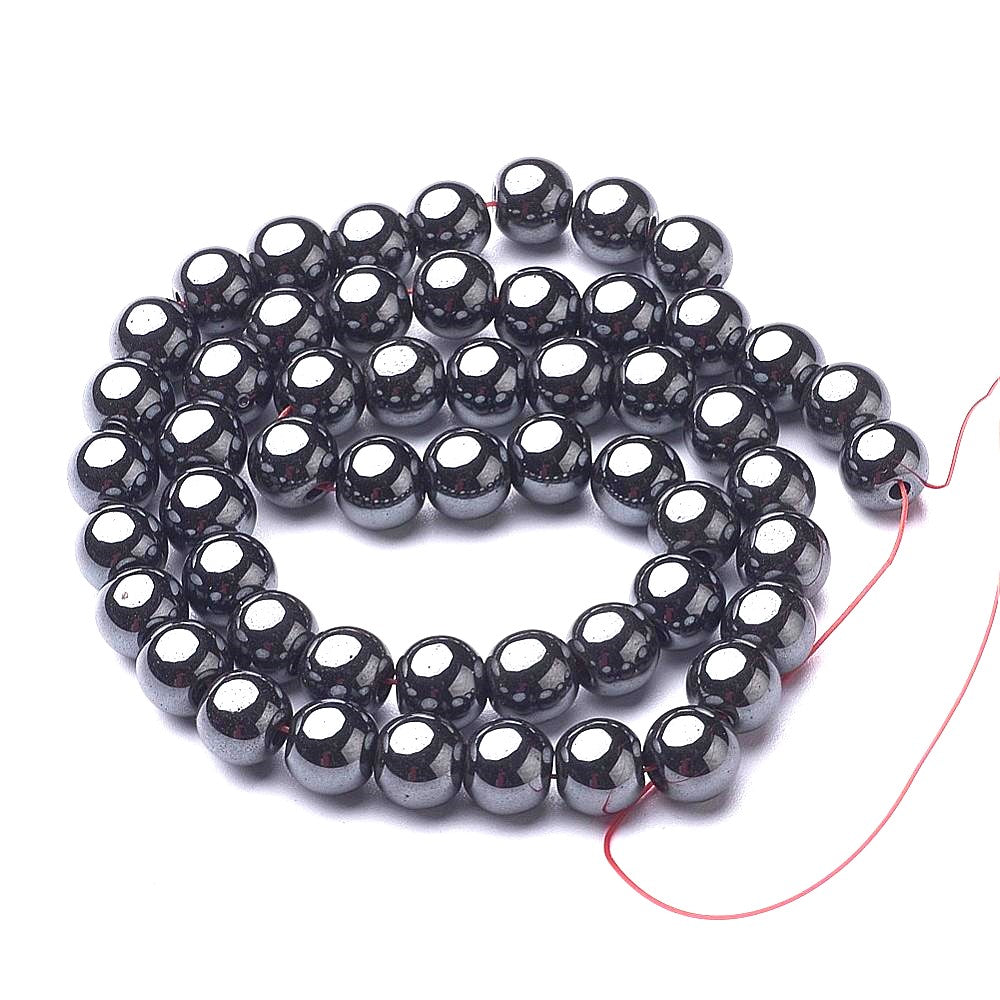 A strand of 45+ hematite beads, grey in colour, 8mm in size, round shaped, non magnetic
