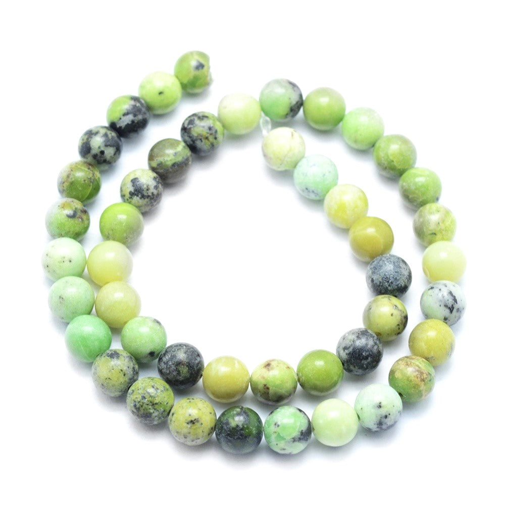 A strand of 49+ Chrysoprase beads, green and black in colour, 8mm in size, round shaped