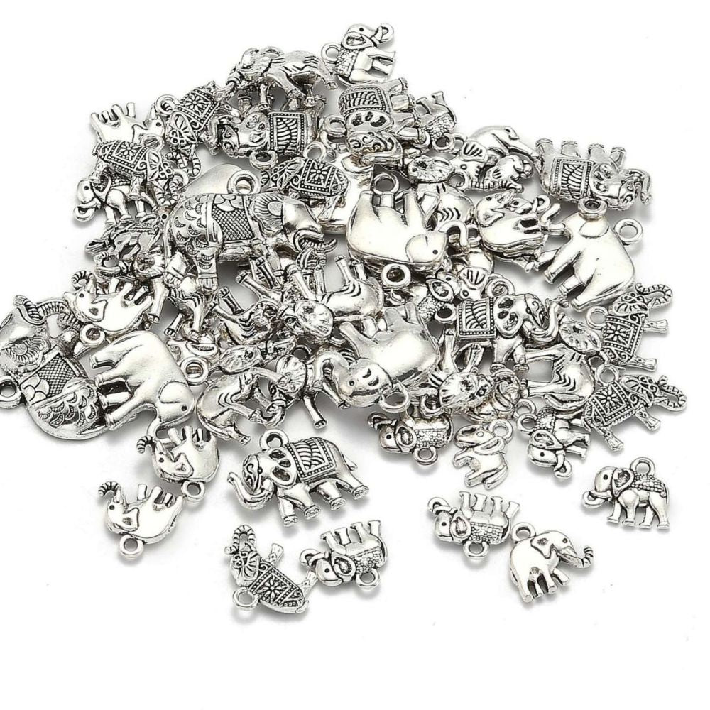 Metal Alloy Elephant Charms Antique Silver 5-40mm Pack Of 30g