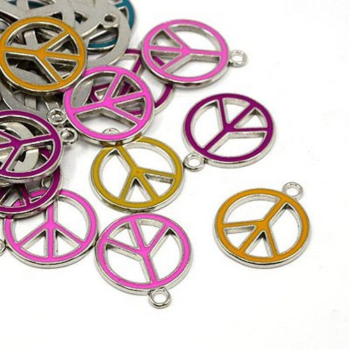 Enamel & Alloy Peace Sign Pendants Multicolour 25mm Pack Of 10