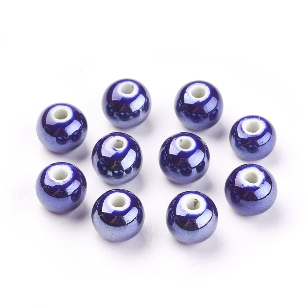 Dark Blue Porcelain Beads Plain Round 10mm Pearlised Pack Of 10