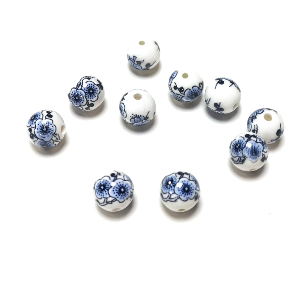 White/Blue Porcelain Beads Plain Round 12mm Pack Of 10