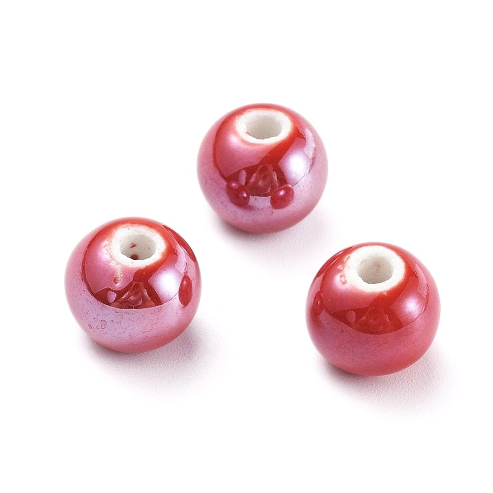 Red Porcelain Beads Plain Round 8mm Pearlised Pack Of 10
