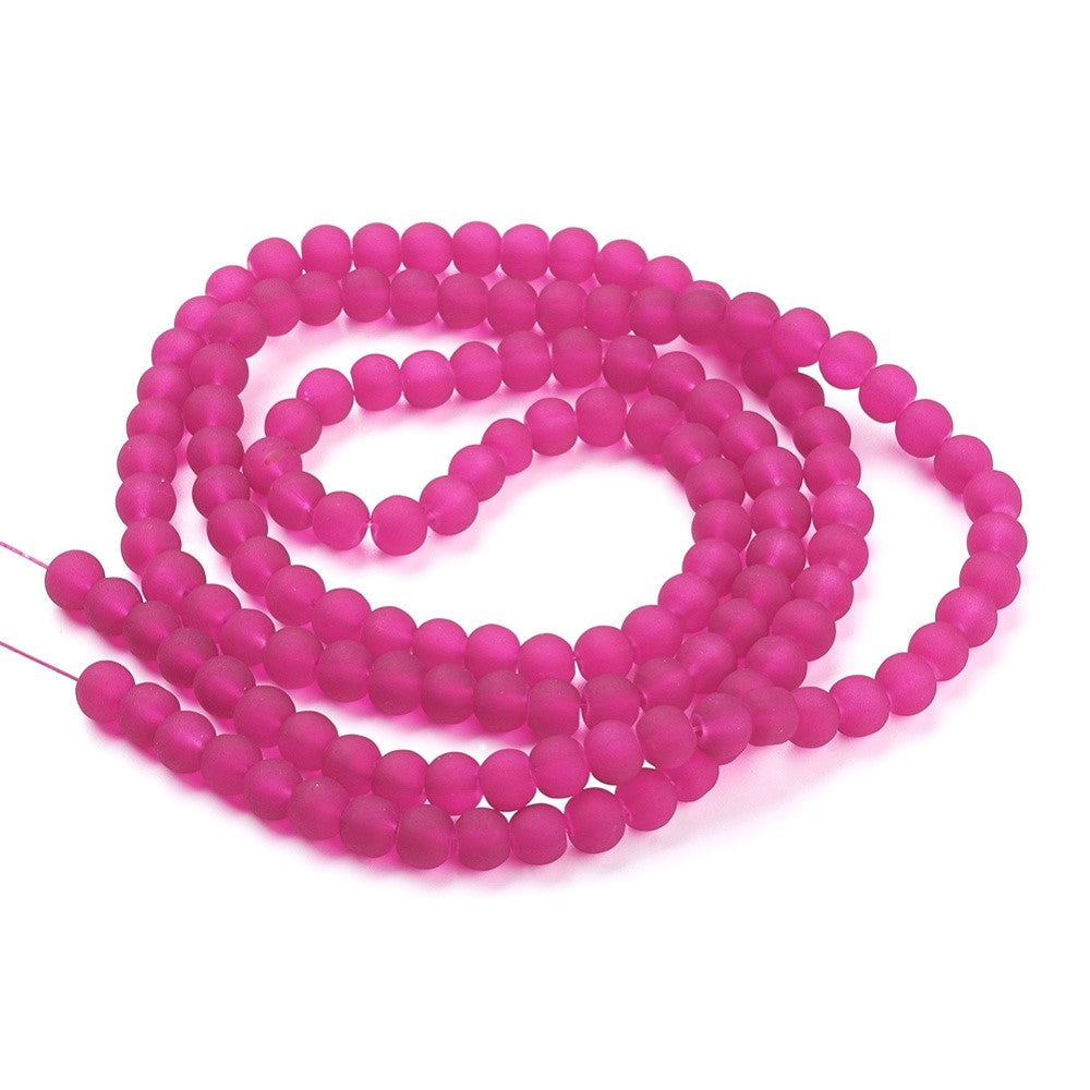 Fuchsia/Pink Glass Beads Plain Round 6mm Frosted Strand Of 135+