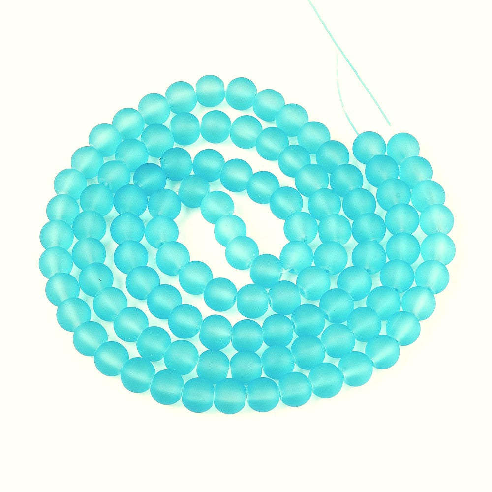 Blue/Teal Glass Beads Plain Round 8mm Frosted Strand Of 100+