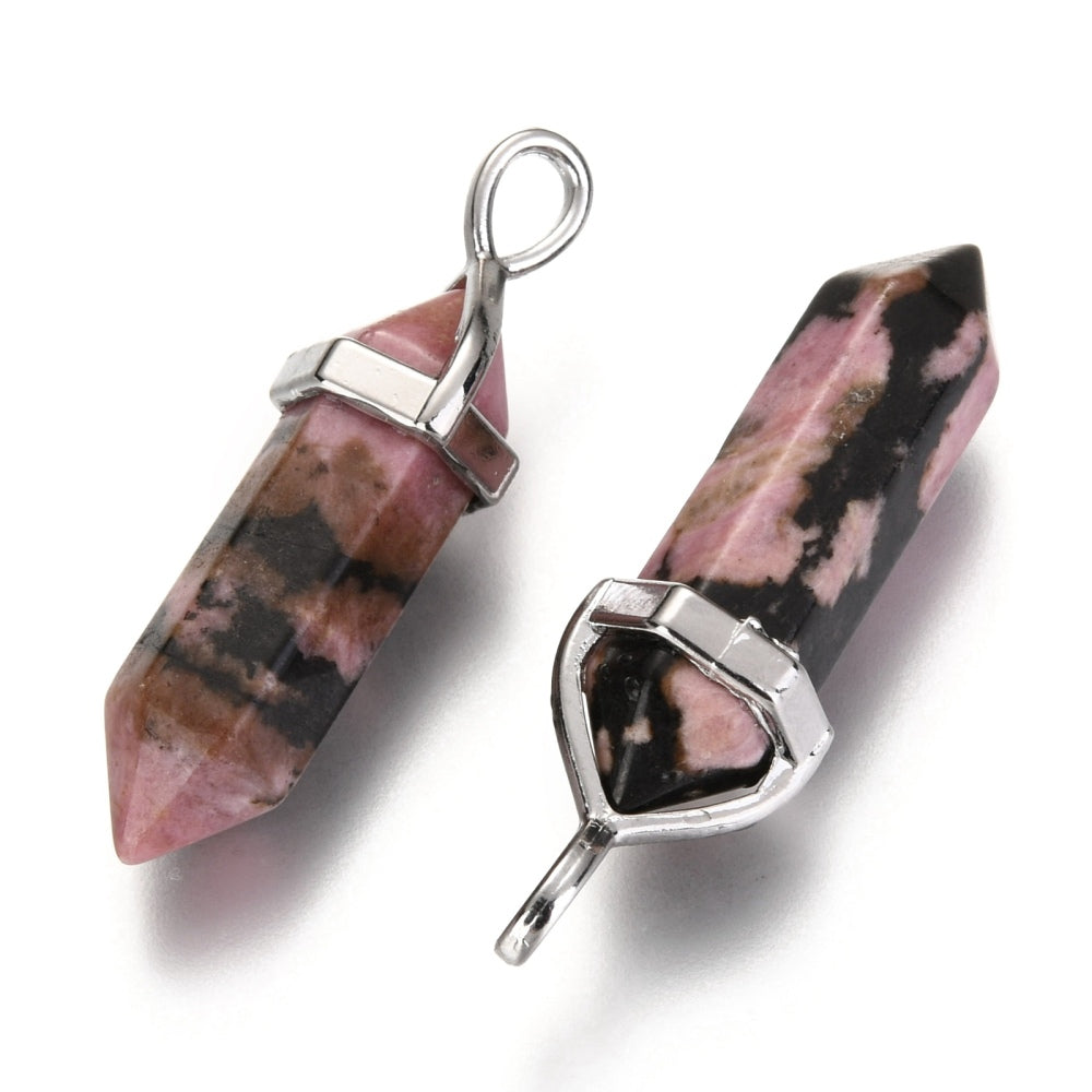 Rhodochrosite Hexagon Wand Pendants Pink/Black 12x39mm Pack Of 2