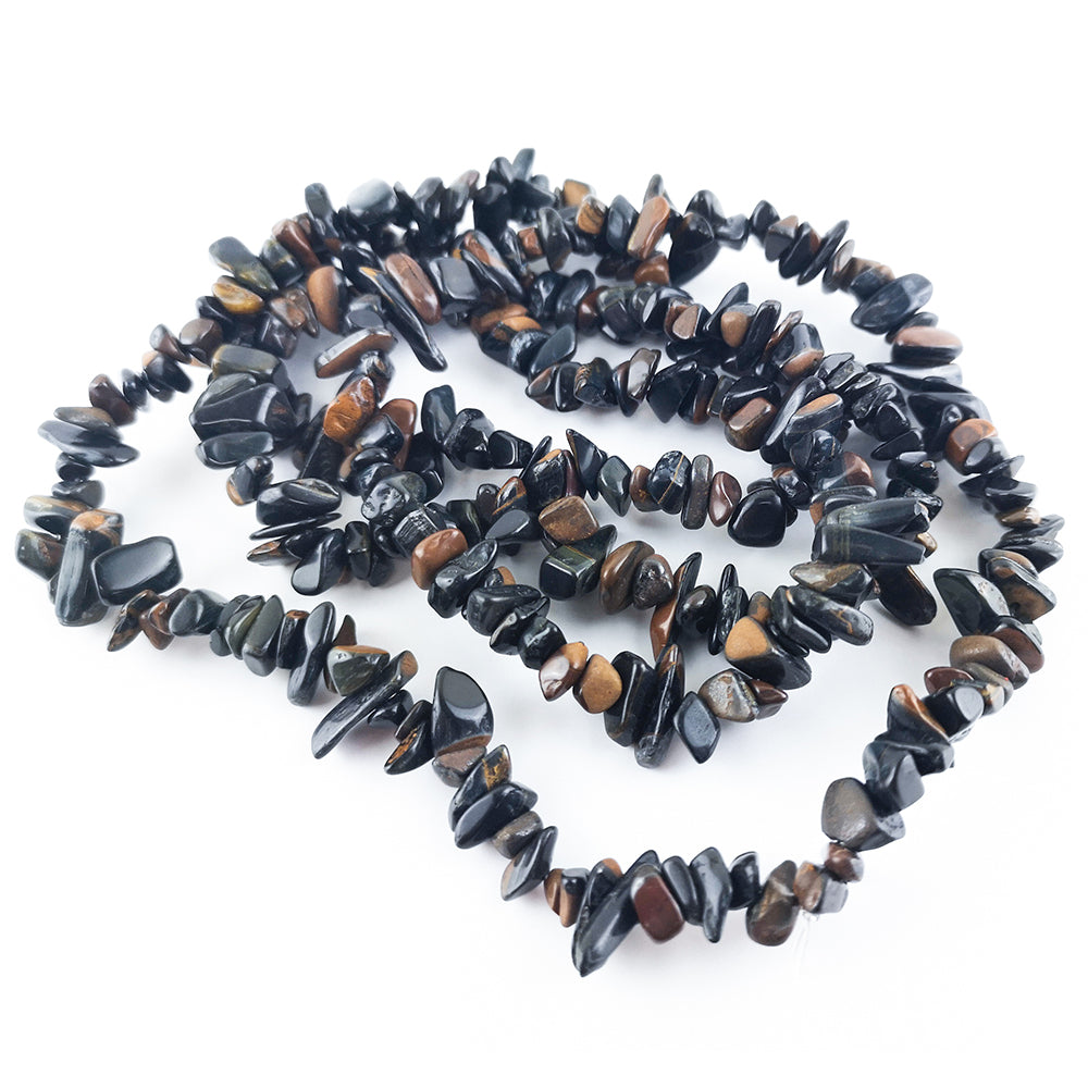 A strand of 230+ tiger eye beads, dark blue and brown in colour, 5-8mm in size, chip shaped