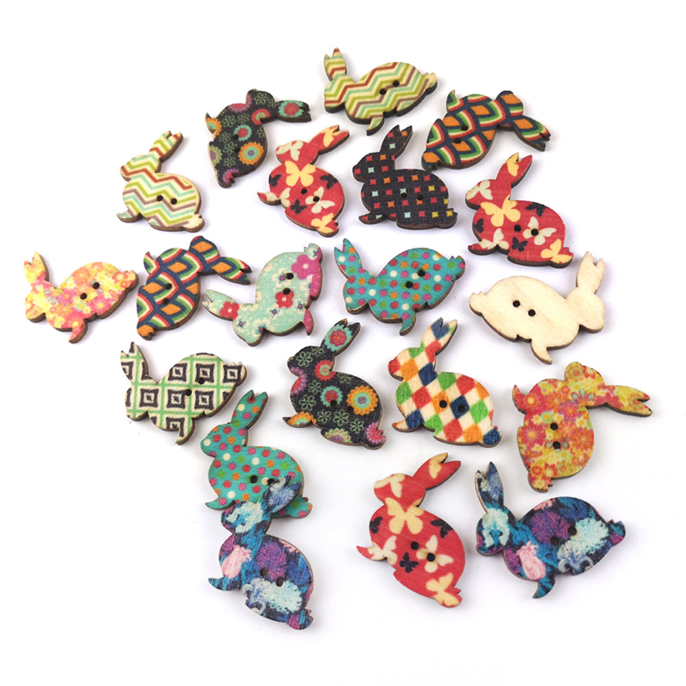 Wood Buttons Beige/Mixed Rabbit 30mm 2-Hole Mixed Pack Of 20