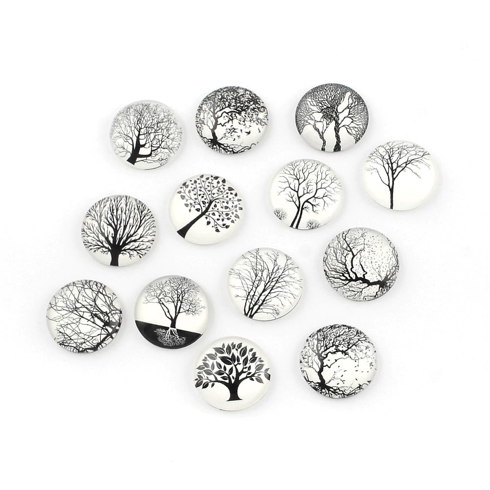 Glass Cabochons White/Black Mixed Tree Coin Calibrated 25mm Pack Of 15