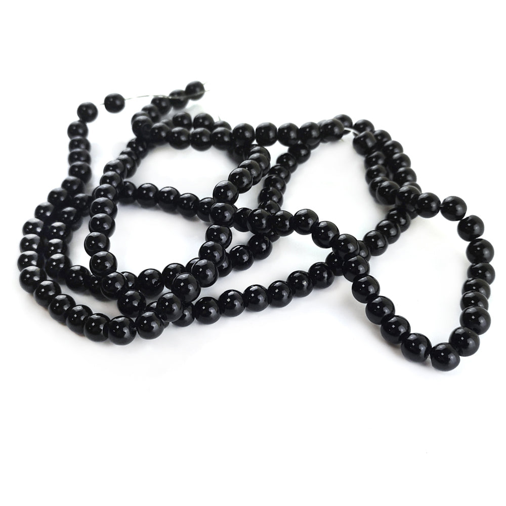 Black Glass Beads Plain Round 6mm Pearlised Long Strand Of 120+