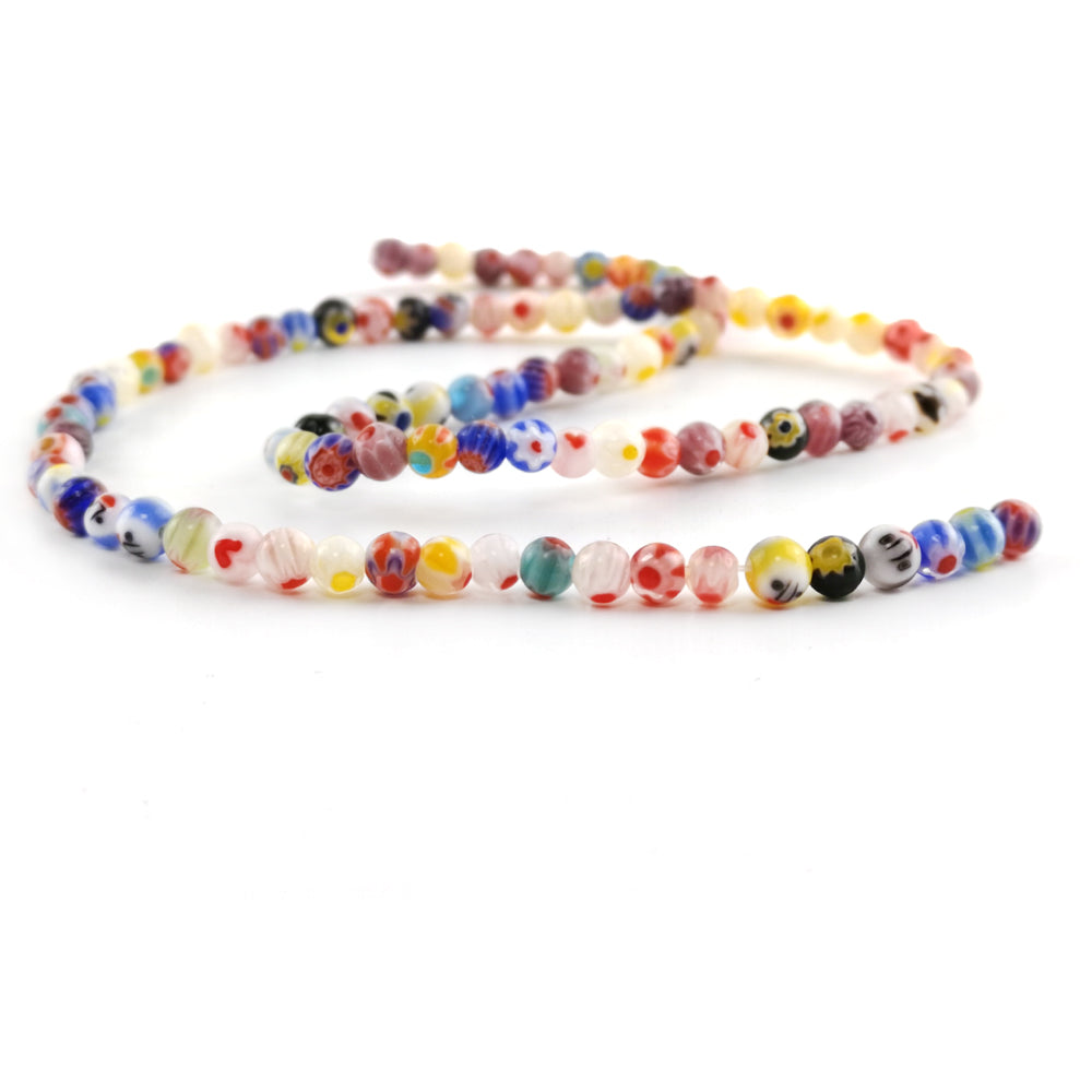 Mixed-Colour Millefiori Glass Beads Plain Round 4mm Strand Of 95+