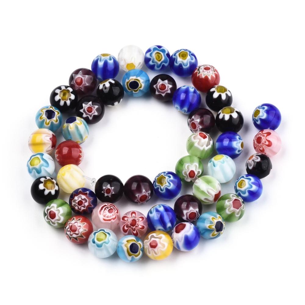Mixed-Colour Millefiori Glass Beads Plain Round 8mm Strand Of 45+