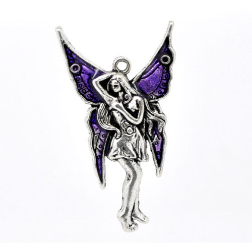 Enamel & Alloy Fairy Pendant Purple/Antique Silver 48mm
